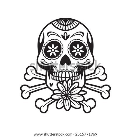Black and White Day of the Dead Sugar Skull Vector with Floral Design, Traditional Mexican Skull Design for T-Shirt Print