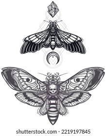 black and white deadhead butterfly ornate illustration on sacred geometry