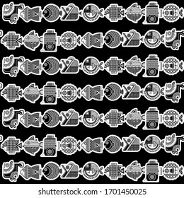 Black and white decorated fish in geometric style. Seamless background pattern. Vector illustration 