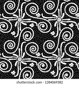 black and white decorated and textured floral and embellished  swirls pattern tile for textile, fabric, wallpaper, backgrounds, backdrops and prints. the tile is seamless