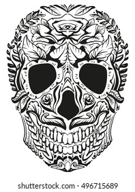 Black and white decoration human skull. Day of Dead. Isolated on white vector illustration