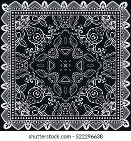 Black and white decorative abstract vector background, geometric doodle pattern with ornate lace frame. Tribal ethnic floral ornament. Bandanna shawl fabric print, silk neck scarf, kerchief design 