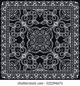 Black and white decorative abstract vector background, geometric doodle pattern with ornate lace frame. Tribal ethnic floral ornament. Bandanna shawl fabric print, silk neck scarf, kerchief design 