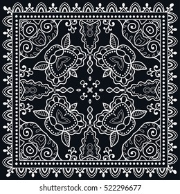 Black and white decorative abstract vector background, geometric doodle pattern with ornate lace frame. Tribal ethnic floral ornament. Bandanna shawl fabric print, silk neck scarf, kerchief design 