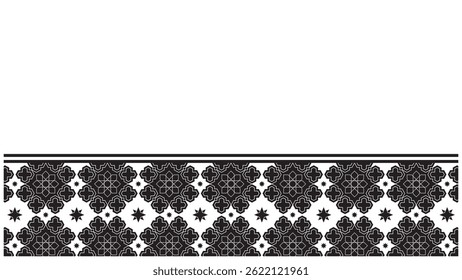 A black and white decorative border featuring repeating geometric and stylized floral motifs. The seamless pattern incorporates star shapes and clover-like designs for an elegant and classic look.
