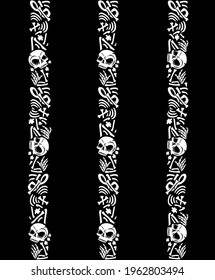 Black and white decorative borders made of bones and skulls. Halloween, Day of the dead, Dia de los muertos. Seamless pattern, border, frame, banner. 