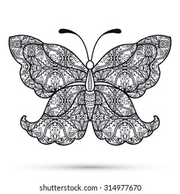 Black and white Decorative butterfly, hand drawn sketch texture for invitation or card design. Vector illustration.