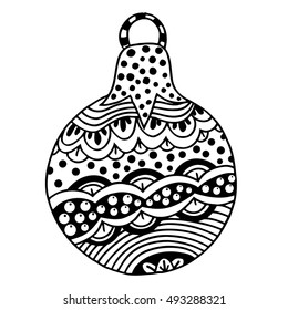 Black and white decorative Christmas ball. Vector template for decorating new year greeting cards, coloring books, art therapy, antistress, t-shirts.