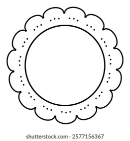 Black and white decorative circular frame with scalloped dotted border isolated on transparent background. Ideal for labels, invitations, or artistic designs.