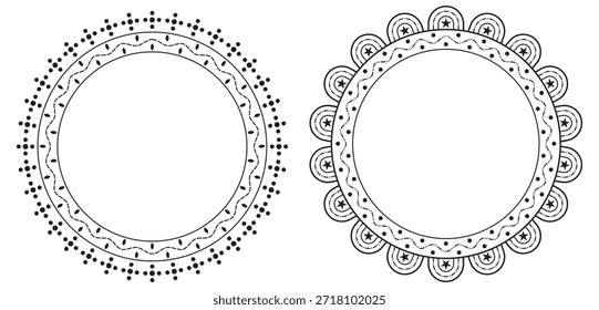 Black and White Decorative Circular Frame Border Vector with Traditional Mandala Pattern, Dotted Line Details and Elegant Round Ornament Design