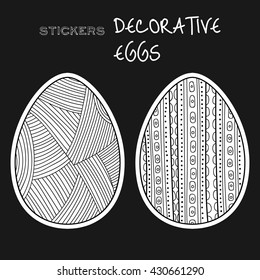 Black, white decorative eggs. Set of stickers on black background.