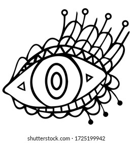 Black and white decorative eye painted by hand with two ovals in the pupil, triangles on the sides, stripes, semicircular petals on the eyelids. Magica talisman and amulet in ethno boho style. Vector.