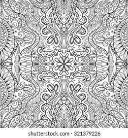 Black and white decorative floral lacy ornamental sketchy seamless pattern. Abstract hand drawn background