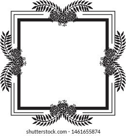 Black and white decorative frame with beautiful floral element, invitation, greeting card. Vector
