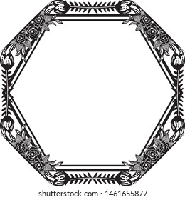 Black and white decorative frame with beautiful floral element, invitation, greeting card. Vector