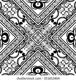 Black and white decorative graphic background, seamless geometric floral pattern. Repeating fabric texture. Tribal ethnic ornament, vector illustration.