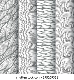 Black and white decorative linear waves seamless patterns set. Vector illustration