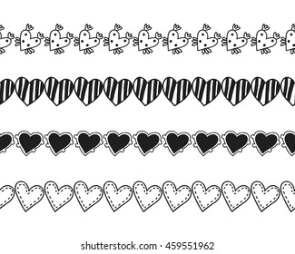 Black and white decorative ornament, seamless pattern, border of hearts.
