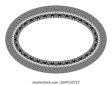 Quadro oval decorativo preto e branco com ornamento grego. Chave grega clássica, onda, meandros florais. Padrões da Grécia, Roma antiga. A chave grega é sinuosa. Arredondar quadro grego. Circular a fronteira europeia. 