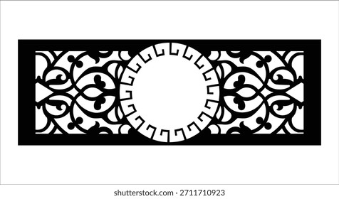 Panel decorativo blanco y negro con motivos circulares y patrones de remolino Palabras claves: decorativo