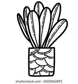 Black and White Decorative Plant in Pot Line Art Drawing Illustration. A black and white illustration of a decorative plant in a patterned pot. Perfect for coloring pages, design projects, or ornament