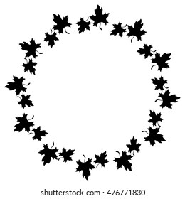 Black and white decorative round frame with maple leaves silhouettes. Vector clip art.