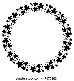 Black and white decorative round frame with maple leaves silhouettes. Vector clip art.