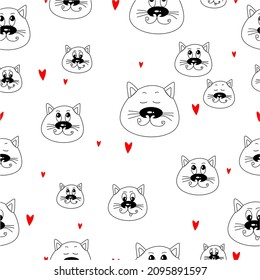 black and white decorative seamless pattern with cartoon cat face and small red hearts