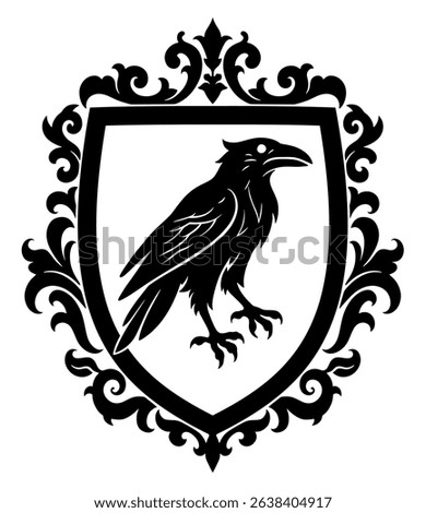 Black and white decorative shield frame with raven. Vector illustration. 