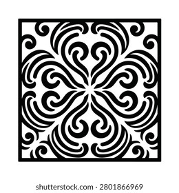 Black and white decorative square ornament pattern with elegant symmetrical swirls and filigree scrolls for laser cutting illustration