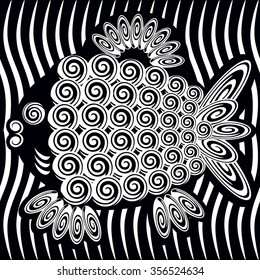 Black and white decorative stylized drawing of a fish made up of geometric shapes and swirls, seamless pattern