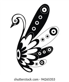 Black and white decorative vector bird silhouette with floral graphic ornament