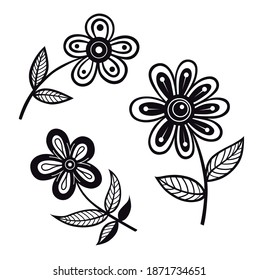 Flor vectorial decorativa en blanco y negro о fondo blanco