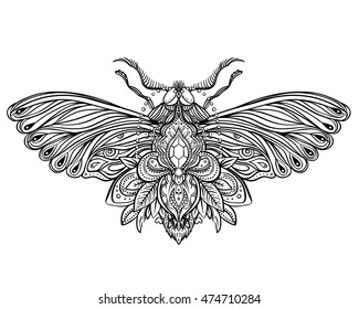 Black and white decorative vector illustration of moth isolated on white over sacred geometry lines. Tattoo design. Coloring book for adults. Nature, spirituality, occultism, alchemy, magic concept.