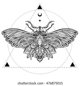 Black and white decorative vector illustration of moth isolated on white over sacred geometry lines. Tattoo design. Coloring book for adults. Nature, spirituality, occultism, alchemy, magic concept.