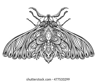 Black and white decorative vector illustration of moth isolated on white over sacred geometry lines. Tattoo design. Coloring book for adults. Nature, spirituality, occultism, alchemy, magic concept.