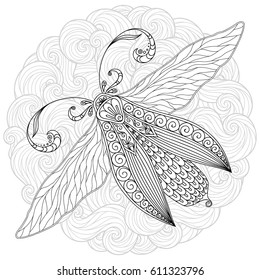 Black and white decorative vector illustration of moth isolated on white over sacred geometry lines. Tattoo design. Coloring book for adults. Nature, spirituality, occultism, alchemy, magic concept.