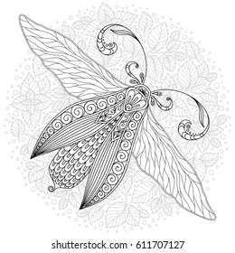 Black and white decorative vector illustration of moth isolated on white over sacred geometry lines. Tattoo design. Coloring book for adults. Nature, spirituality, occultism, alchemy, magic concept.