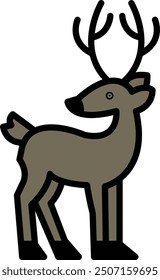 A black and white deer with antlers is standing in front of a white background. The deer has a happy expression on its face, and it is looking at the camera. Concept of joy and playfulness