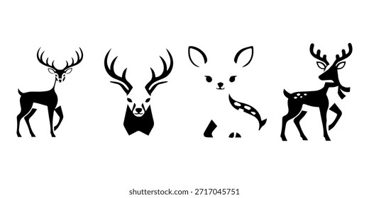 Conjunto de Vector de silueta de ciervo y zorro en blanco y negro, iconos de animales forestales minimalistas aislados en blanco.