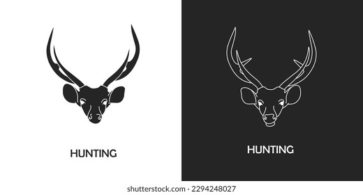 black and white deer head logo, icon. animal, head, deer, deer head, hunt, hunter, hunting, beast, stag, reindeer, horn, wild, decoration, silhouette, logotype, flat, clipart, vector illustration.