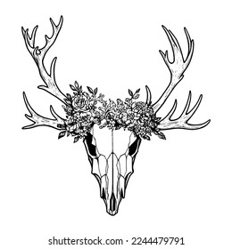 black   white deer skull and horns in graphic style decorated and flowers   leaves