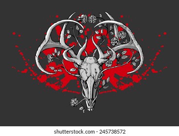 black   white deer skull and horns in graphic style decorated and flowers   leaves   blots paint