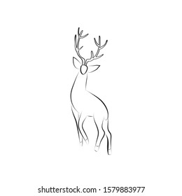 Black and white deer stands. Side view. Stag with large antlers isolated. Design animal for emblem, logo, invitation. Minimalism graphics style. Vector illustration with space for text. EPS 10.