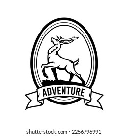 Black and white deer vector illustration with adventure badge