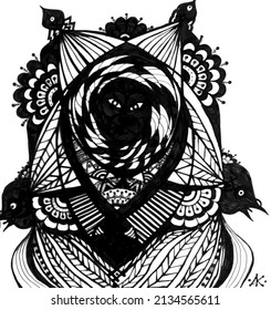 Black and white defensive amulet mandala as lion and wise crow