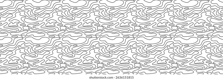 Black and white delicious wavy pattern. Abstract seamless summer background with irregular liquid stains. Trippy map style. Vector wallpaper.