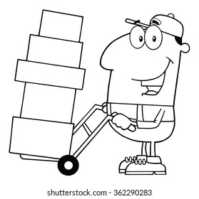 Black And White Delivery Man Cartoon Character Using A Dolly To Move Boxes. Vector Illustration With Isolated On White