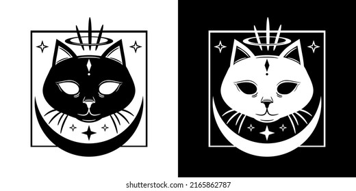 Black and white demon face cat with crescent moon and stars boho tattoo icon vector design.	