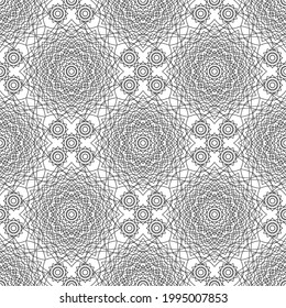 Black and white dense openwork octagon medallion seamless pattern vector design. Complicated intricate ragged ornament. Bushy cloggy texture seamless pattern.